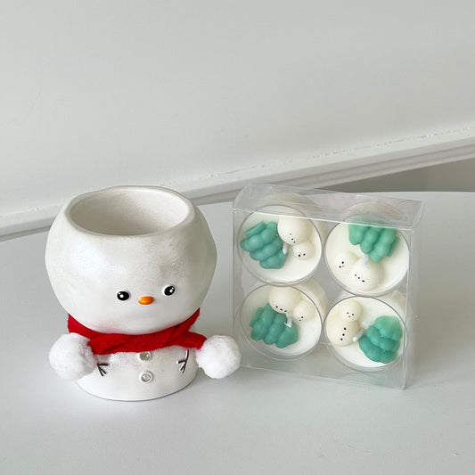 Handmade Jesmonite Luminous Snowman Tealight Candle Holder and 4pcs Tealight Candle