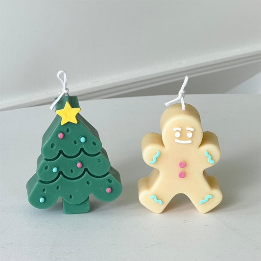 Handmade Scented Christmas Tree & Gingerbread man Pillar Candle